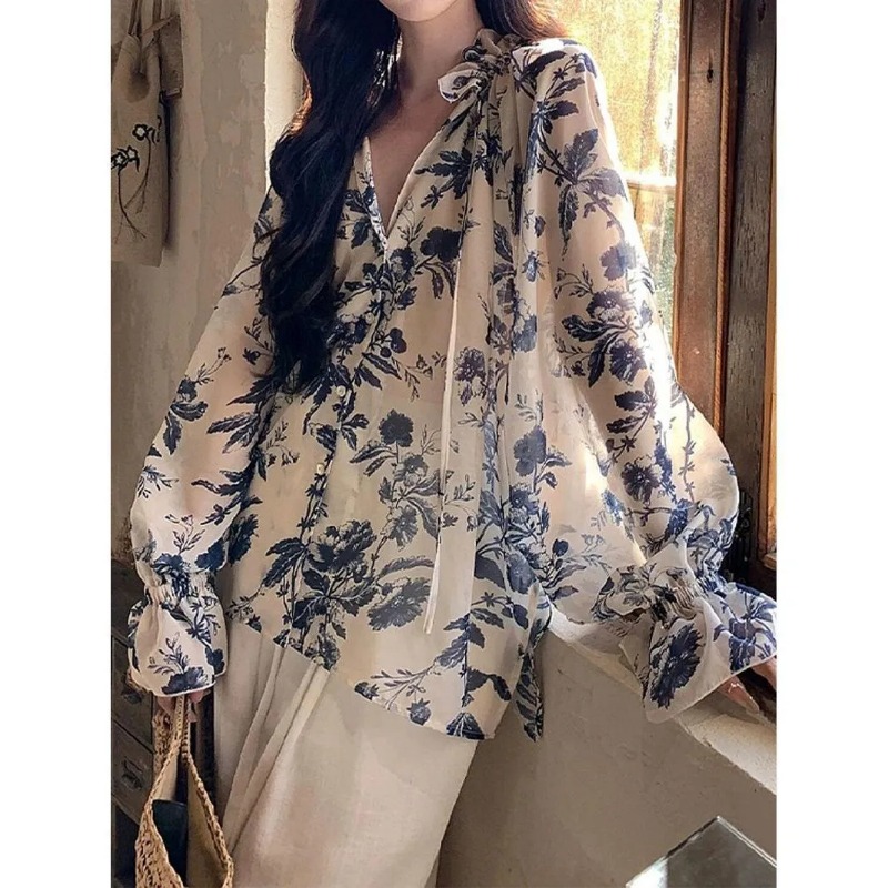 Sewing V - Women's Summer Floral Print Chiffon Blouse