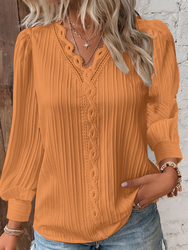 Sewing V - Women's White Blouses Lace Stitching V-neck